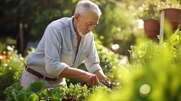 un mayor hombre trabajos diligentemente en su jardín tendiendo a su floreciente cultivos con un sentido de propósito y orgullo hallazgo un recién descubierto pasión para jardinería en su jubilados foto