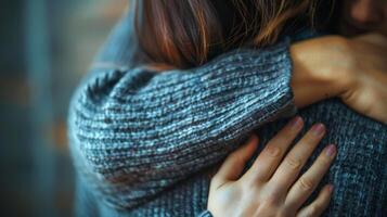 A person putting their hand on the shoulder of a crying parent offering comfort and understanding photo