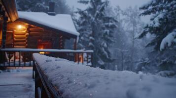 A winter storm rages outside but inside a cozy cabin a family enjoys the toasty heat of a sauna surrounded by the blinding whiteness of the snow outside. photo