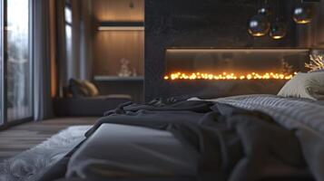 A luxurious bedroom retreat complete with a contemporary fireplace featuring LED lights that create a romantic and inviting ambiance. 2d flat cartoon photo