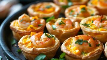 A platter of mini quiches with a tropical twist such as coconut shrimp or mango and brie photo