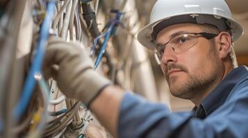 con atención a detalle un electricista cuidadosamente carreras nuevo eléctrico alambrado mediante paredes y techos asegurando un sin costura integración dentro el casas existente estructura foto