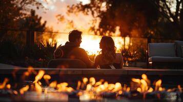 As the sun sets the fire takes on a warmer orange hue creating a cozy atmosphere for the couple to relax in. 2d flat cartoon photo