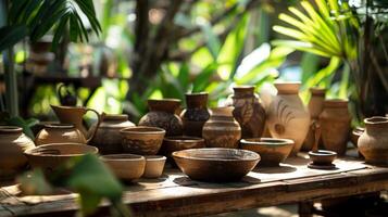 un cerámica t taller conjunto en un tranquilo jardín Proporcionar un sereno ambiente para creando hermosa piezas. foto