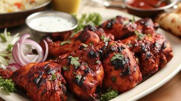 un Agua en la boca plato de tandoori pollo recién marinado y cocido en un tradicional arcilla horno. el oferta carne es saburral en un hermosa rojo salsa con pistas de ajo foto