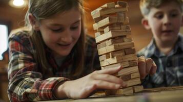 un familia miembro concentrados difícil como ellos tratar a resolver un rompecabezas como con rapidez como posible en un cronometrado juego de jenga foto