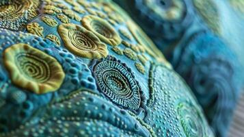 un texturizado lanzar almohada en sombras de azul y verde con elevado patrones ese asemejarse a el natural crecimiento patrones de acial. foto