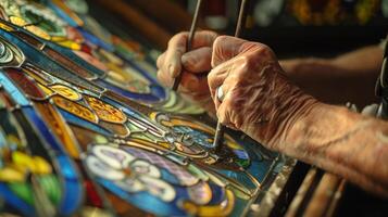 Using traditional tools and techniques craftsmen are meticulously repairing the intricate stained glass patterns of a grand old cathedral photo