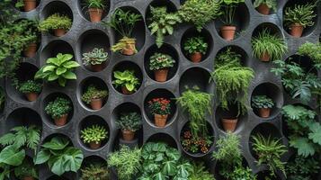 A macro view of a vertical garden reveals the intricate network of pots vines and shrubs that come together to create a beautiful and functional living wall photo