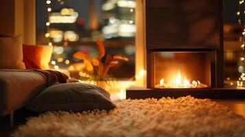 A cozy reading nook with a bioethanol fireplace at its center offering both warmth and style for hours of relaxation and escapism. 2d flat cartoon photo