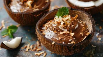 For dessert a decadent chocolate avocado mousse is served in individual coconut shells topped with toasted coconut flakes and a drizzle of sweet agave nectar photo