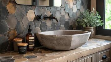 In a bathroom renovation hexagonal tiles in various shades of gray and black are arranged in a geometric pattern creating a unique and sophisticated look photo