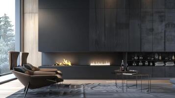 Complete with a sleek black mantel and builtin storage this contemporary fireplace adds both functionality and style to this modern living room. 2d flat cartoon photo