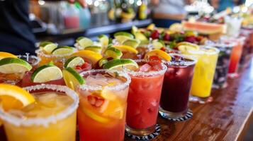 A variety of nonalcoholic margaritas made with fresh fruit and juices lined up on the bar counter for guests to choose from photo
