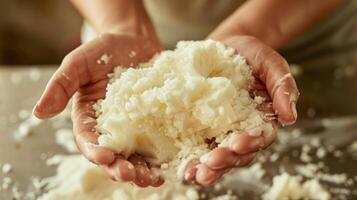 A pair of delicate hands knead velvety organic shea butter into a silky smooth texture ready to be turned into a nourishing body cream photo