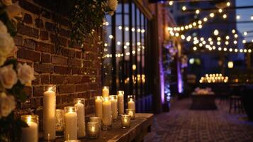 The flickering flames of the candles danced along the brick walls of the rooftop venue. 2d flat cartoon photo