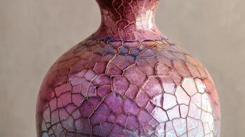 A vase featuring a smooth glossy glaze with a crackled effect in shades of pink and purple resembling a sunset sky. photo