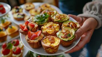 un plato de delicioso desayuno tardío picaduras incluso mini quiches y aguacate brindis es pasado alrededor el mesa foto