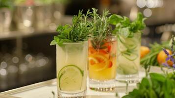 A mocktail mixology class where participants learn to create sophisticated nonalcoholic drinks using fresh herbs homemade syrups and unique garnishes photo