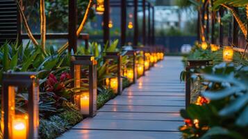 A mix of flickering lanterns and candles line the pathways guiding guests to different areas of the rooftop garden. 2d flat cartoon photo