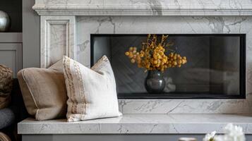 The sleek marble hearth and mantel add a touch of elegance to the cozy nook. 2d flat cartoon photo