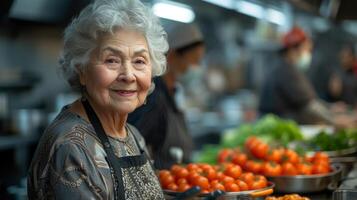 chateando y la risa lata ser Escuchó como un grupo de más viejo adultos enlace terminado su compartido amor de Cocinando durante el taller foto