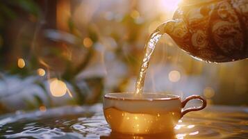 A relaxing and tranquil atmosphere created by soft music and the soothing sound of tea being poured in the teapot photo