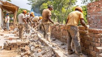 A line of dedicated masons working side by side creating a new brick structure photo