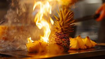 The aroma of grilled pineapple fills the air as the chef adds a touch of char to the fruit creating a delicious and unexpected addition to a seafood dish photo