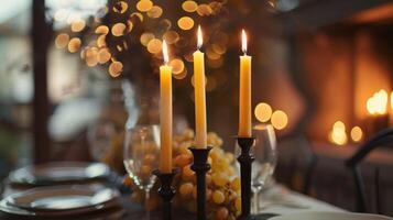 A trio of tapered candles in tall slender holders standing proudly at the center of the table. 2d flat cartoon photo