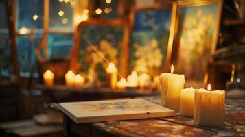 Paintings and sketches in various stages of completion are tered throughout the studio illuminated by the gentle flicker of candles. 2d flat cartoon photo