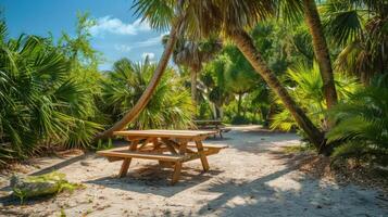 A rustic wooden picnic table tucked under a of palm trees perfect for a casual al fresco dining experience photo