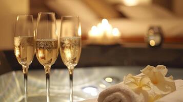 un privado parejas suite para un íntimo y romántico spa día con lado a lado masajes y champán. foto