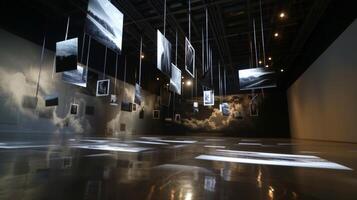 One room of the gallery features a series of photographs suspended from the ceiling giving the illusion of floating photo