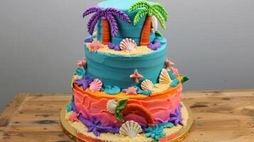 un temática tropical cumpleaños pastel con brillante colores palma arboles y conchas marinas foto
