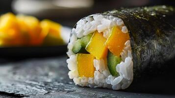 un tropical Fruta Sushi rodar hecho con algas marinas pegajoso arroz y un relleno de mango aguacate y Pepino foto