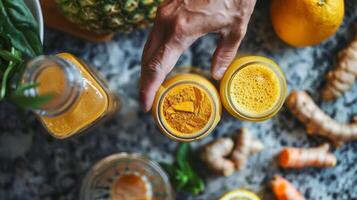 A hand reaching for a jar of turmeric used to give the smoothies an added boost of antiinflammatory benefits photo