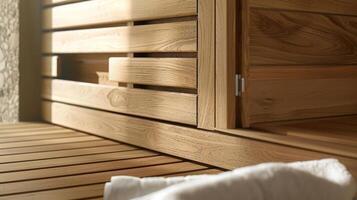 A sauna with a builtin changing area ideal for those with limited room for multiple pieces of furniture. photo