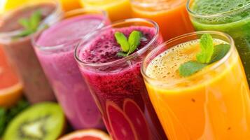 A colorful array of fruit and vegetable smoothies encouraging the consumption of hydrating foods before entering the sauna. photo