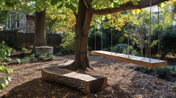 A tree swing and balance beam added to the backyard for some old school outdoor play and exercise photo