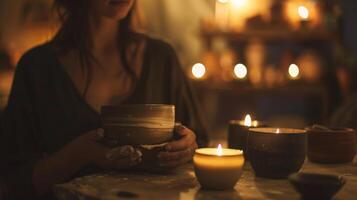 The dim lighting in the studio creates a cozy atmosphere perfect for a peaceful and meditative pottery session photo