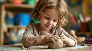 A young child sitting at a table eagerly molding a ball of clay into a basic figurine shape. photo