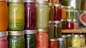 A stack of mason jars each labeled with a different detox smoothie recipe ready to be distributed to party guests photo