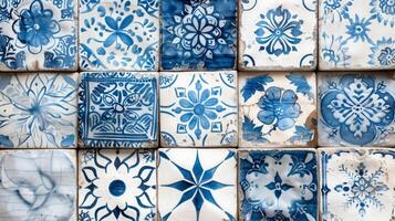 A series of ceramic tiles decorated with simple yet intricate patterns in various shades of underglaze blue. photo