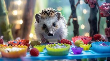 A happy hedgehog exploring a tray of colorful treats including blueberry facials and berryscented paw balms photo