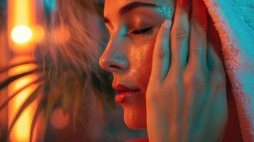 A woman using a towel to gently wipe away sweat from her face feeling refreshed and rejuvenated after an infrared sauna session. photo