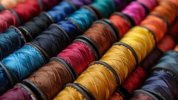 Colorful spools of thread lay neatly organized ready to be used to stitch together a custom leather saddle for a oneofakind bike photo