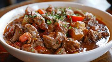 A hearty bowl of pirates stew filled with chunks of meat vegetables and es photo