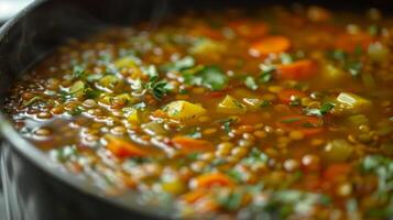 A closeup of a simmering pot of hearty vegetable and lentil soup rich with fragrant herbs and es photo