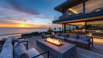 The expansive outdoor deck is the perfect place to gather around the sleek firepit roasting marshmallows and taking in the ocean breeze. 2d flat cartoon photo